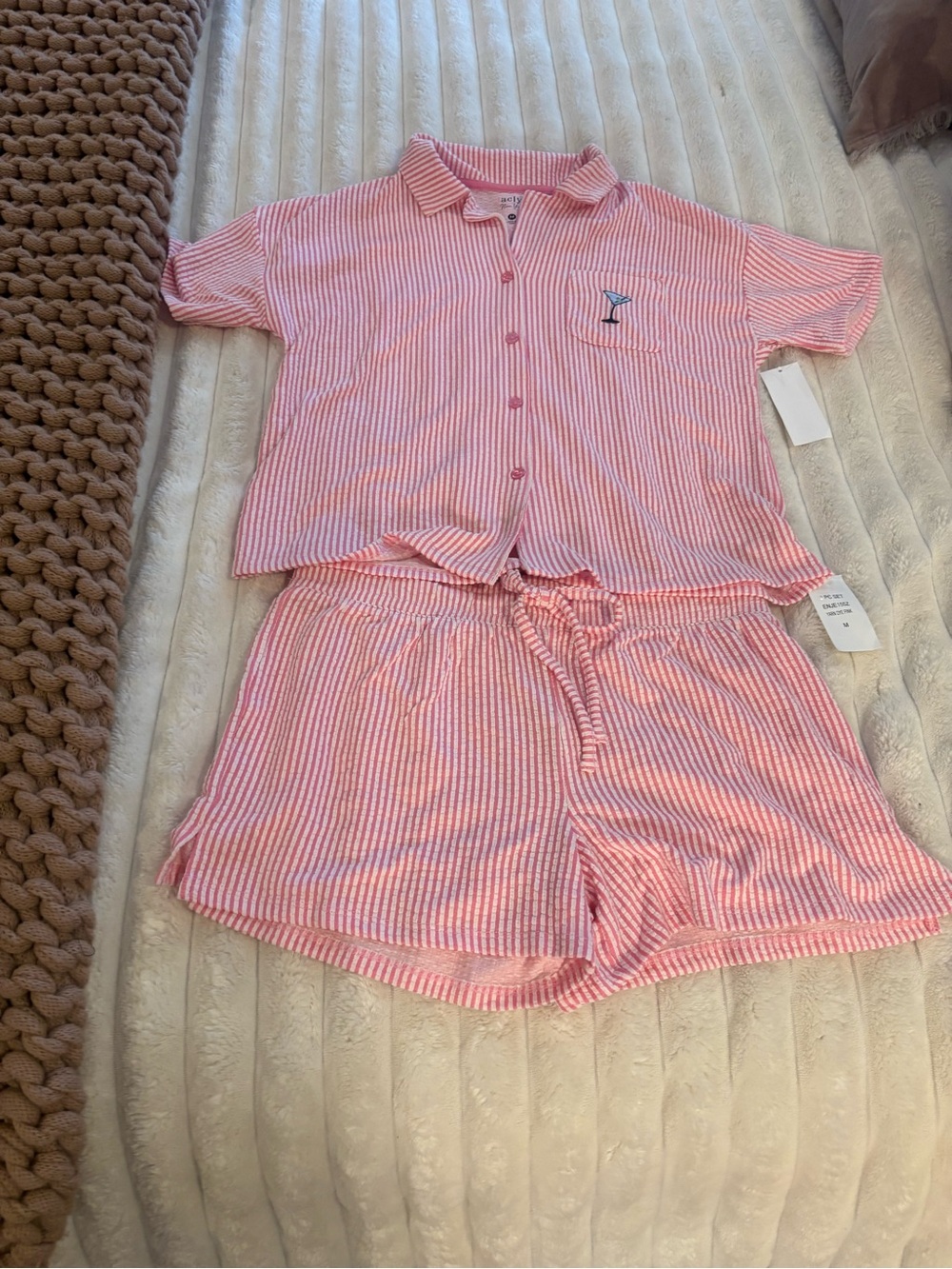Pink Striped Short Pajama Set with Embroidered Cocktail Motif Jaclyn NY